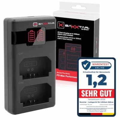 Abbildung von Baxxtar NP FZ100 PD MaxPerformance Akku Ladegerät (1500mA) USB C Mini Dual LCD PD/QC fähig (1618582)
