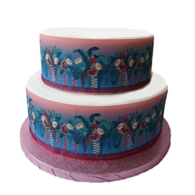 Abbildung von Essbares Deko Band, Motiv: tropische Lotusblüte und Papageien, perfekt für größere Kuchen, einfach zu verwenden