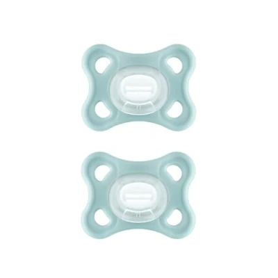 Abbildung von MAM Comfort Schnuller im 2er Set, besonders kleiner und leichter Baby für Früh &amp; Neugeborene aus 100% Silikon, mit weichem SkinSoft Saugteil Schnullerbox, 0+ Monate, mint