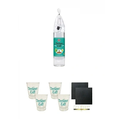 Abbildung von Berliner Luft Magnum Flasche Das Original 3,0 Liter + Shot Glas 4cl 2 Stück Schiefer Glasuntersetzer eckig ca. 9,5 cm Ø