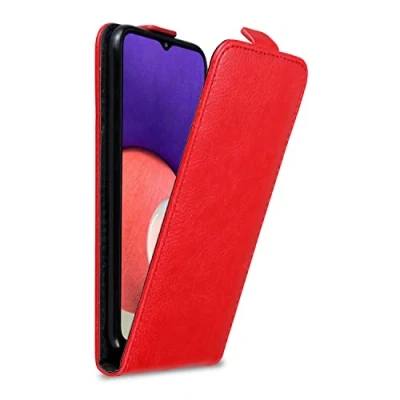 Abbildung von Cadorabo Hülle kompatibel mit Samsung Galaxy A22 5G Flip Design aus Premium Kunst Leder Klappbare Stoßfeste Magnetische Cover für Tasche in Rot