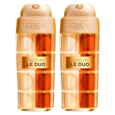 Abbildung von L&#039;Oréal Paris Le Duo Anti Aging Serum für alle Hauttypen, doppelte Wirkung, straffend und aufhellend mit Kollagen Vitaminen B3 C Age Perfect Serum, 2 Flaschen à 30 ml