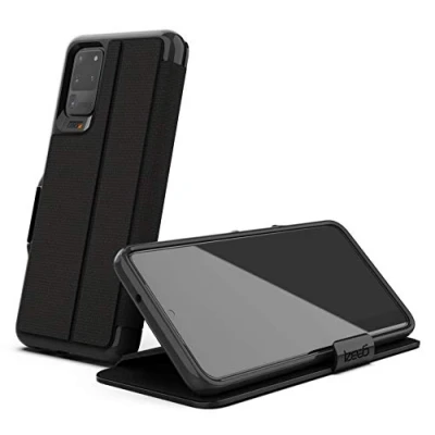 Abbildung von Samsung Galaxy S20 Ultra Hülle Kunstleder Gear4 Klapphülle Handyhülle Schwarz Shockproof/Stoßfest