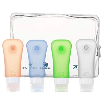 Abbildung von Moko Reise Flaschen Set, 4 Stück Silikon Auslaufsicher Reisebehälter Leckdichte Nachfüllbare Reiseflaschen BPA Frei Travel Bottle für Shampoo Toilettenartikel Spülung Pflegeprodukten, 3.1 OZ(89ml)