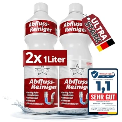 Abbildung von Ricostar Abflussreiniger 1000ml inkl. 3x Haarsieb, Rohrfrei extra stark Rohrreiniger (2 St. 1x Profi Rohrreiniger, stark)