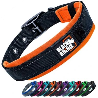 Abbildung von Black Rhino Das Comfort Halsband Super Weiches Neopren Gepostertes Hundehalsband für alle Hunderassen Hochbeanspruchbar Verstellbar Reflektierend Wetterfest (Klein, Orange/Schwarz)