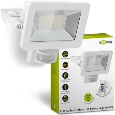 Abbildung von Goobay LED Flutlichtstrahler Außenstrahler mit Bewegungsmelder 30 W Scheinwerfer, fest integriert, Neutralweiß, 4000 K / 2550 lm M16 Kabelverschraubung Weiß