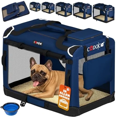 Abbildung von CADOCA® Hundebox faltbar Transportbox M 60x42x44cm robust atmungsaktiv Transporttasche Auto Rückbank Haustiertransportbox Hundetragetasche Navyblau