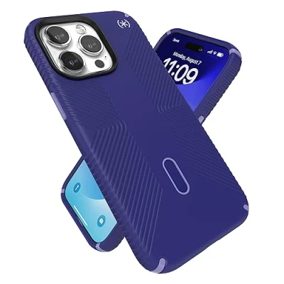 Abbildung von Speck iPhone 15 Pro Max Hülle ClickLock rutschfeste Interlock, MagSafe kompatibel, Fallschutzgriff Soft Touch 6,7 Zoll Handyhülle Presidio2 Grip Future Blue/Purple Ink/Sky Purple