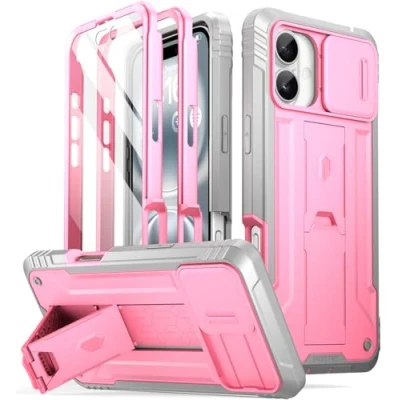 Abbildung von POETIC Revolution Hülle für iPhone 16 6,1 Zoll, [Schiebe Kamera Abdeckung], Ganzkörper in Militärqualität, robust, stoßfest, mit Ständer und integriertem Displayschutz, Rosa