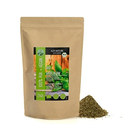 Abbildung von BIO Basilikum getrocknet (250g), gerebelt, schonend getrocknet, aus kontrolliert biologischem Anbau, glutenfrei, laktosefrei, laborgeprüft, vegan, 100% naturrein ohne Zusätze