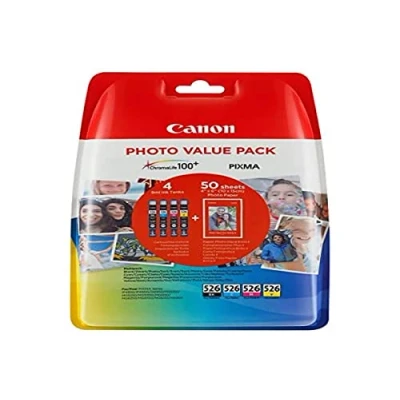 Abbildung von Sparen Sie bares Geld mit dem Canon Vorteilspack &gt; Original CLI 526 Druckerpatronen Value Pack BK/C/M/Y + 50 Blatt Fotopapier (PP 201)