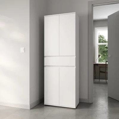 Abbildung von Schrank 60 cm breit mit 4 Türen &amp; Schublade, Vielseitiger Aufbewahrungsschrank Mehrzweckschrank 3 Einlegeböden, Schmaler für Haushalt, Büro, Flur, Schlafzimmer, 64x34x180 (BxTxH), Weiß