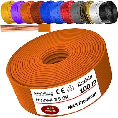 Abbildung von MAS Premium Aderleitung H07 V K 1x2,5 mm² HBL GRGE RT DBL BR OR GR WS VIO oder GE Einzelader flexibel Von 5 bis 100m (Orange, 100m)