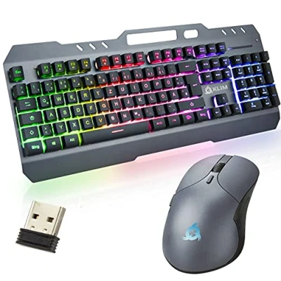 Abbildung von KLIM Unity Wireless Tastatur und Maus Set DE Layout NEU 2023 Langlebig, Ergonomisch, Semi Mechanisch kabelloses für Laptop PC Mac PS4 Xbox One Langlebiger eingebauter Akku