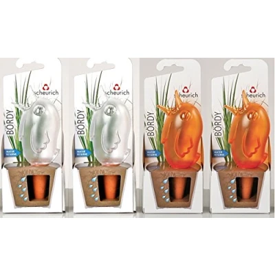 Abbildung von Scheurich Wasserspender Bördy S 4er Set Transparent/Orange 90 ml Füllmenge Bewässerungskugel klein mit Ton Fuß Pflanzen und Blumen Terrakotta Stiel