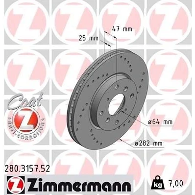Abbildung von ZIMMERMANN SPORT COAT Z 280.3157.52 Bremsscheibe 282 25 8/4 4 114 innenbelüftet, gelocht beschichtet HONDA: ACCORD 6 Limousine, Coupe