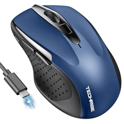 Abbildung von TechRise Bluetooth Maus, 2.4G Kabellose Maus (BT 5.0/3.0 + 2.4G), 4800 DPI Wiederaufladbare Ergonomische 6 Stufen Stille mit USB Empfänger für Laptops, Computer, PC, Windows, Blau