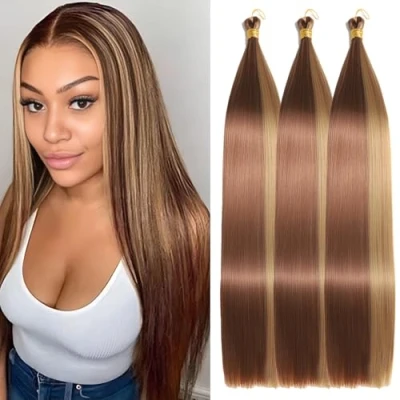 Abbildung von Locescsoc 24 Inch Straight Hair Extensions 150g 3 Packs Bone Braiding Hair, 27/30 Ariel Ponytail Bundles, Ombre Soft Synthetic Crochet Box Braids for Women