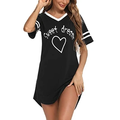 Abbildung von Litherday Nachthemd Damen Nachtwäsche Baumwolle Loungewear Nachtkleid Kurz Negligee Streifen Kurze Ärmel Sleepshirt Kurzarm V Ausschnitt Sleepwear Bequeme Freizeitkleid, Schwarz, L