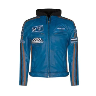 Abbildung von Blau Herren Leder Biker Kapuzen Racing Motorradjacke, XL