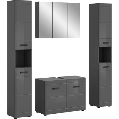 Abbildung von welltime Badmöbel Set &quot;Doux, bestehend aus: 2x Hochschrank, Waschbeckenunterschrank,&quot;, (4 St.), Spiegelschrank, hochwertige hochglanz MDF Front mit Rillenfräsung