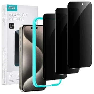 Abbildung von ESR für iPhone 15 Pro Panzerglas Display Sichtschutz, Anti Spy Displayschutz aus gehärtetem Glas, mikrogekrümmte Kanten, hüllenfreundlich, 3 Stück