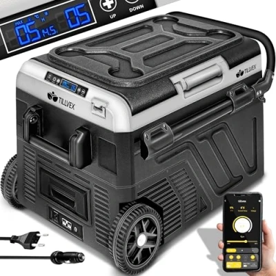 Abbildung von tillvex® Kompressor Kühlbox elektrisch 40 60 Liter Elektrische Gefrierbox WIFI APP Steuerung 12/24 V 230V Kühlschrank bis 20 C für Auto, Lkw, Camping (Navyblau, mit Akku)