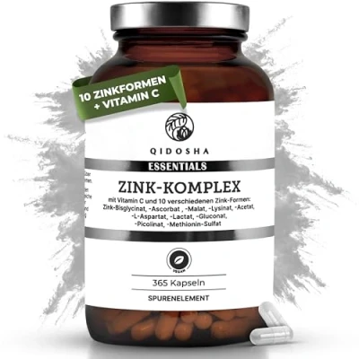 Abbildung von QIDOSHA® Zink Komplex, 365 Kapseln, 25 mg aus 10 verschiedenen Formen plus Vitamin C, vegan, deutsche Fertigung, jede Charge laborgeprueft