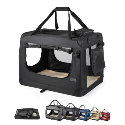Abbildung von lionto Hundetransportbox faltbar für Reise &amp; Auto, 101x69x70 cm, stabile Transportbox mit Tragegriffen Decke Katzen Hunde bis 25 kg, robuste Hundebox aus Stoff klein groß, schwarz