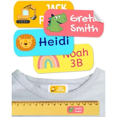 Abbildung von Namensaufkleber für Kinder. Kleidung und Gegenstände. Namensschilder waschmaschinenfest personalisiert text symbolen (Früchte, 100 Stück)