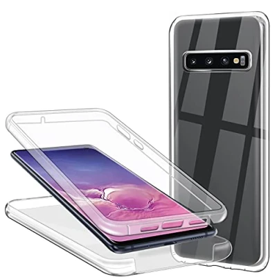 Abbildung von Schutzhülle für Samsung Galaxy S10, 360 Grad Schutz, transparent, weich, dünn, aus TPU Silikon, Vorderseite und PC, kratzfest, stoßfest, Full Body S10