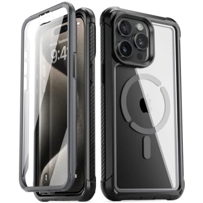 Abbildung von POETIC Guardian MagPro Hülle Kompatibel mit iPhone 15 Pro 6,1 Zoll,[Kompatibel MagSafe], Full Body Hybrid Stoßfeste Schutzhülle Clear Cover integrierter Displayschutz, Schwarz/Klar