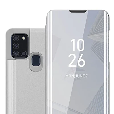 Abbildung von Cadorabo Hülle kompatibel mit Samsung Galaxy A21s Schutzhülle TPU Silikon Case 360 View Spiegel, Slim Kratzfest Weiche Gummi Rundumschutz Cover für in Silber