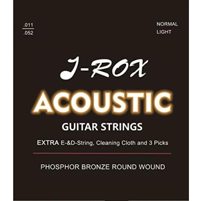 Abbildung von J ROX Gitarrensaiten Westerngitarre Premium Phosphor Bronze Saiten für die Westerngitarre, Akustikgitarre + Extra E Saite D Reinigungstuch 3 Picks Gitarren