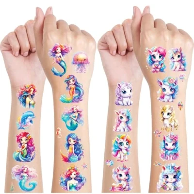 Abbildung von Glitzer Tattoo Set Kinder, 12 Blätter Meerjungfrau &amp; Einhorn Temporäre Tattoos Mädchen Glitzer, Geschenke für Mädchen, Deko