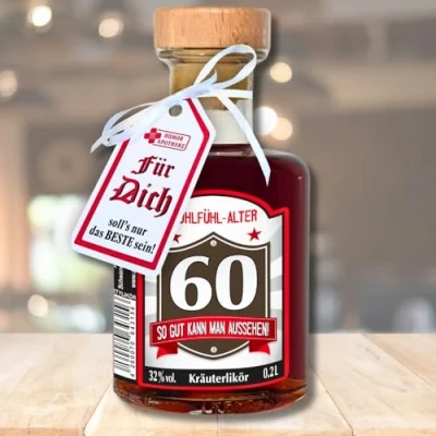 Abbildung von Apothekerflasche Zum 60. Geburtstag Kräuterlikör 0,2L 33% vol. für Männer als Geburtstagsgeschenk Schnaps Likör Humorapotheke