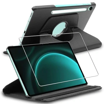 Abbildung von ebestStar Hülle für Samsung Galaxy Tab S9 FE X510N, 5G X516B, Drehbar Schutzhülle, PU Lederhülle, Rotierende Ständer Etui, Rotating Case Cover, Schwarz + Panzer Schutz Glas