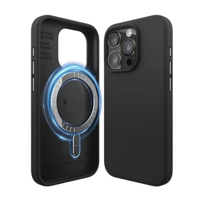 Abbildung von elago Magnetische Silikonhülle kompatibel mit iPhone 15 Pro, Allen MagSafe Zubehören, eingebaute Magnete, Premium Silikon, Rundumschutz