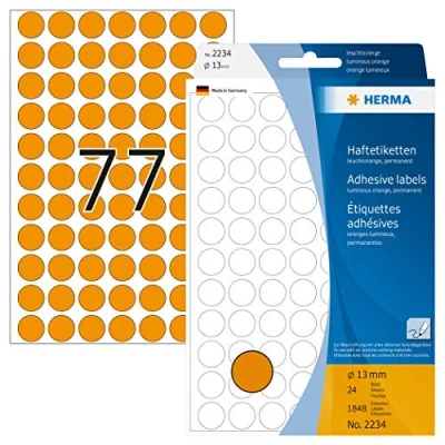 Abbildung von HERMA 2234 Punktaufkleber Klebepunkte leuchtorange, 1848 Stück, Ø 13 mm, 77 pro Bogen, selbstklebend, Markierungspunkte für Kalender Planer Basteln, matt, blanko Papier Farbpunkte Aufkleber