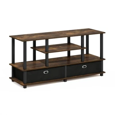 Abbildung von Furinno Großer TV Ständer für bis zu 55 Zoll Fernseher, Holzwerkstoff, Bernsteinkiefer/Schwarz/Schwarz, 3 Regale mit 2 Ablagefächern