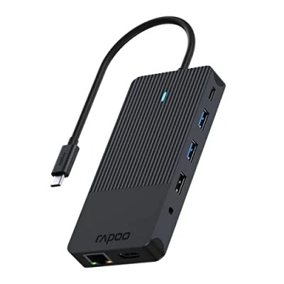 Abbildung von Rapoo UCM 2006 USB C Multiport Adapter 12 in 1, 100W Power Delievery, 2x 4K HDMI, DisplayPort, 1 Gbps LAN, und 2 A 3.0 Datenports, Micro SD / Speicherkartenleser, AUX