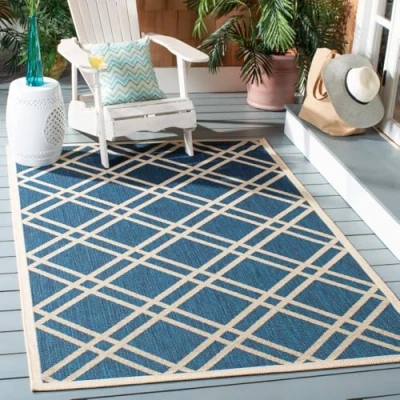 Abbildung von SAFAVIEH Geometrisch Teppich für Wohnzimmer, Esszimmer, Schlafzimmer Wasserdicht Courtyard Collection, Kurzer Flor, Marine und Beige, 160 X 231 cm