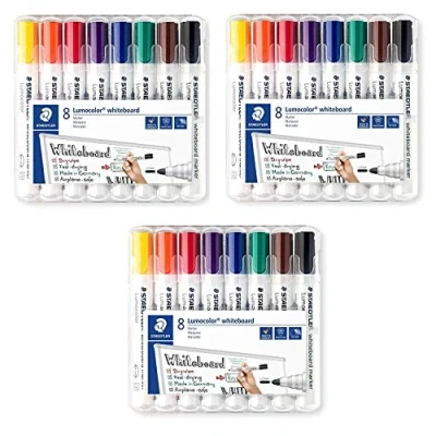Abbildung von Staedtler Lumocolor 351 WP8 Whiteboardmarker, Rundspitze, 2 mm, 8 Farben (3 Packungen)