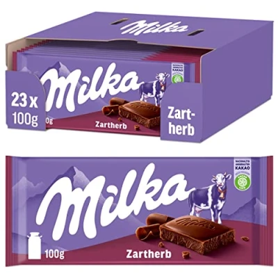 Abbildung von Milka Zartherb 23 x 100g, Zartschmelzende Schokoladentafel mit dunkler Alpenmilch Schokolade