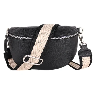 Abbildung von MIRROSI® Bauchtasche Damen, Echtleder, Made in Italy, Umhängetasche, Brusttasche, Crossbody Bag (1 Tasche &amp; 2 Gurte) (Schwarz (Spitzen Schwarz Beige), Kleine (22x13x6cm))