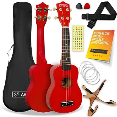 Abbildung von 3rd Avenue Sopran Ukulele mit 54 cm/21“, Anfängerset Tasche, Ständer, Gurt, Saiten, Plektren und Griffbrett Aufkleber in Rot KOSTENLOSE 1 monatige Online Lektionen