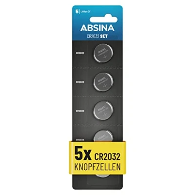 Abbildung von ABSINA Knopfzellen CR2032 3V 5er Pack Batterien mit langer Haltbarkeit Knopfzelle, (1 St)