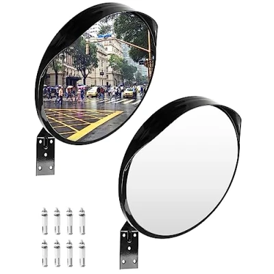 Abbildung von QWORK® 2er Set Konvexspiegel Verkehrsspiegel Sicherheitsspiegel für Einfahrten, Lagerhallen, Garagen und Büros, Ø30cm 130 Wölbung, Halterung Schrauben Enthalten