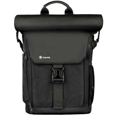 Abbildung von TARION Kamerarucksack Rolltop Wasserdicht Fotorucksack Kameratasche DSLR Rucksack mit 15,6 Zoll Laptophülle und Regenschutzhülle(SP 01 Schwarz)